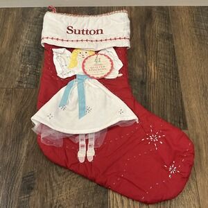 Pottery Barn Kids Blonde Angel Red‎ Quilted Christmas Stocking Mono Sutton NEW